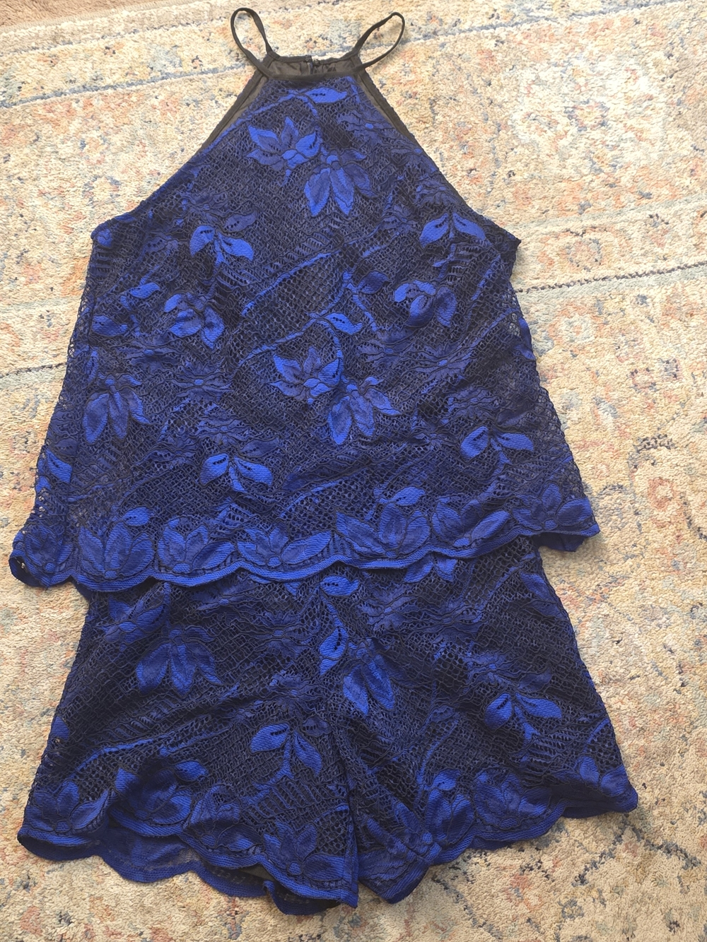 JAYGODFREY Royal Blue Lace Overlay Halter Romper